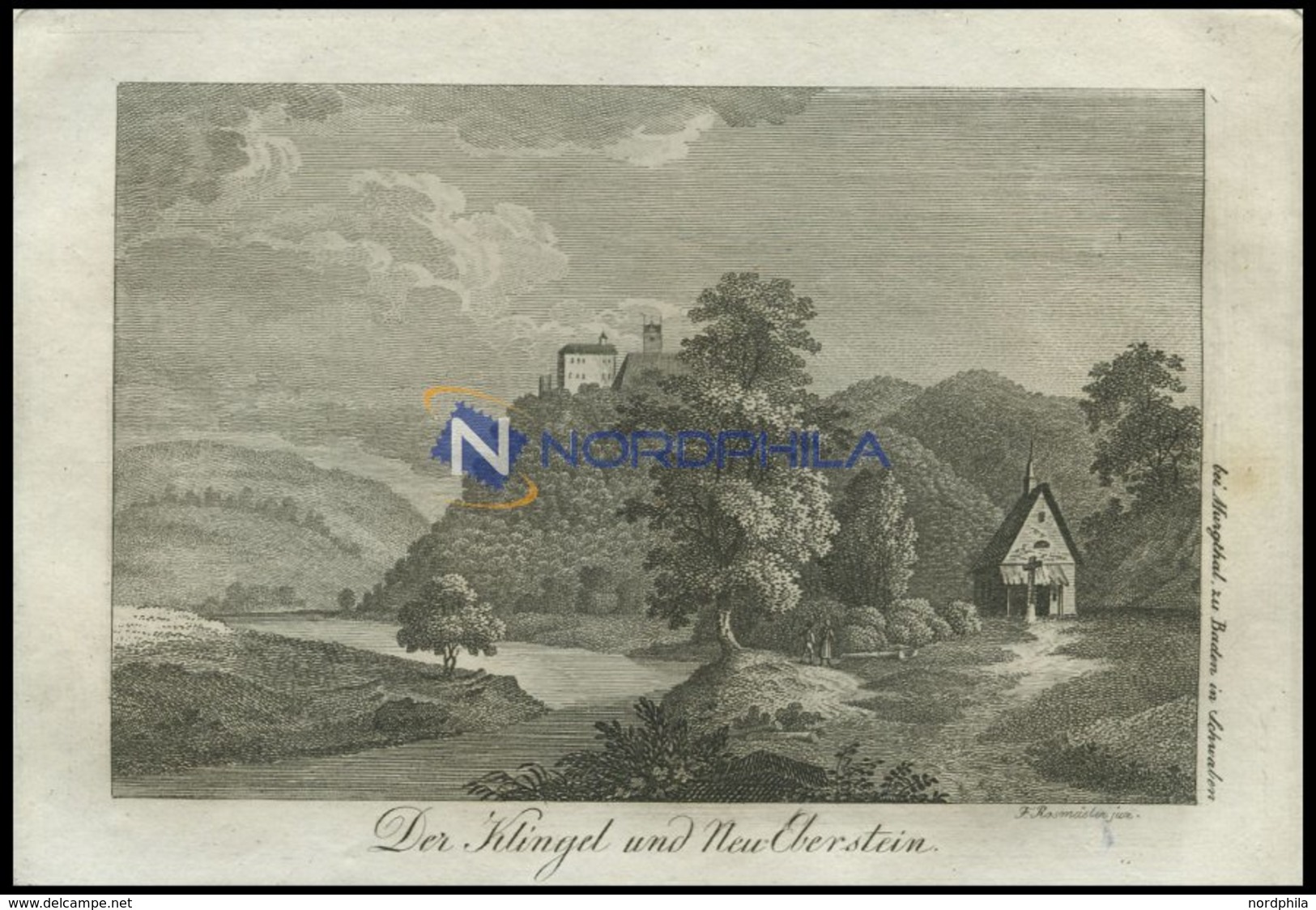 NEU-EBERSTEIN: Der Klingel Und Neu-Eberstein, Ansicht Des Berges Und Einer Kapelle Am Fuße Desselben, Kupferstich Von F. - Lithographies