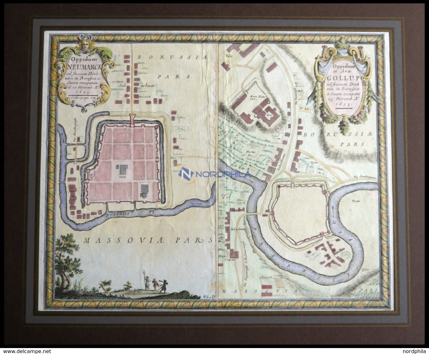 NEUMARCK A.d. DREBNITZ, Grundrißplan Der Stadt Und Des Flußes Mitsamt Dem Schloß Gollup Aus Dem Jahre 1655, Kolorierter  - Lithographien