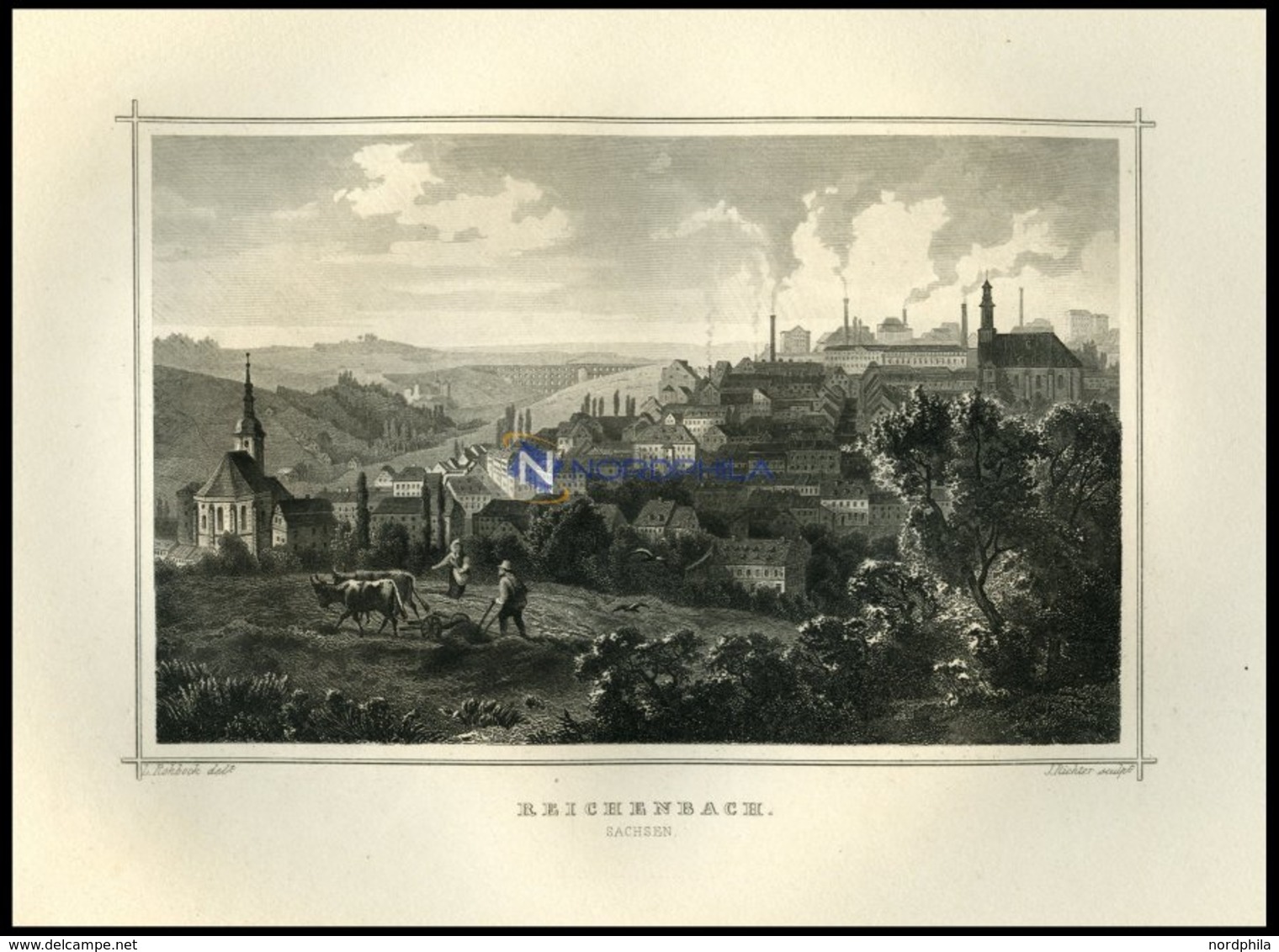 REICHENBACH/SACHSEN, Gesamtansicht Mit Arbeitendem Bauern Im Vordergrund, Stahlstich Von Rohbock/Richter Um 1850 - Lithographies