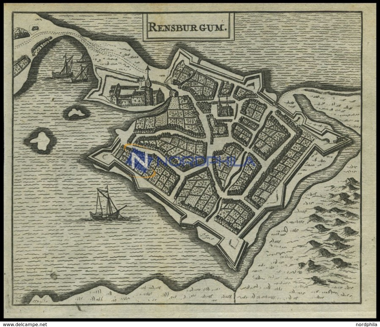 RENDSBURG, Dek. Stadtplan Mit Kleiner Schiffsstaffage, Kupferstich Von Zeiller 1655 - Litografía