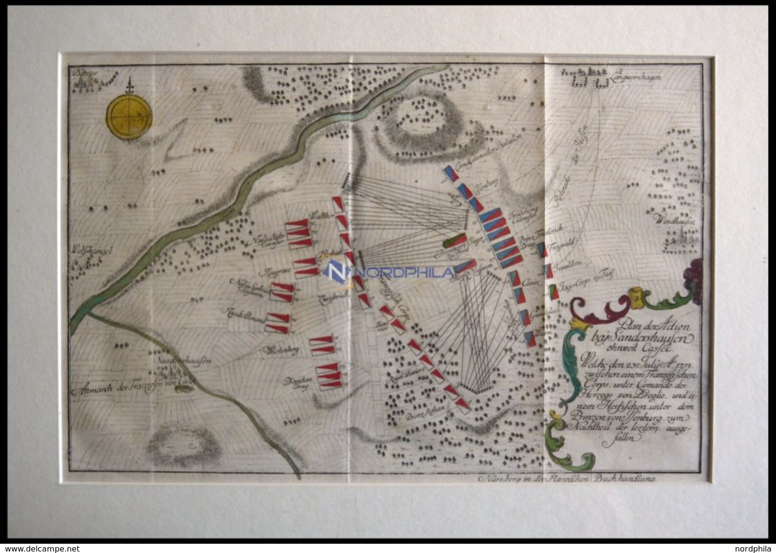 SANDERSHAUSEN, Plan Der Schlacht Vom 23.7.1758, Altkolorierter Kupferstich Von Ben Jochai Bei Raspische Buchhandlung 176 - Lithographies