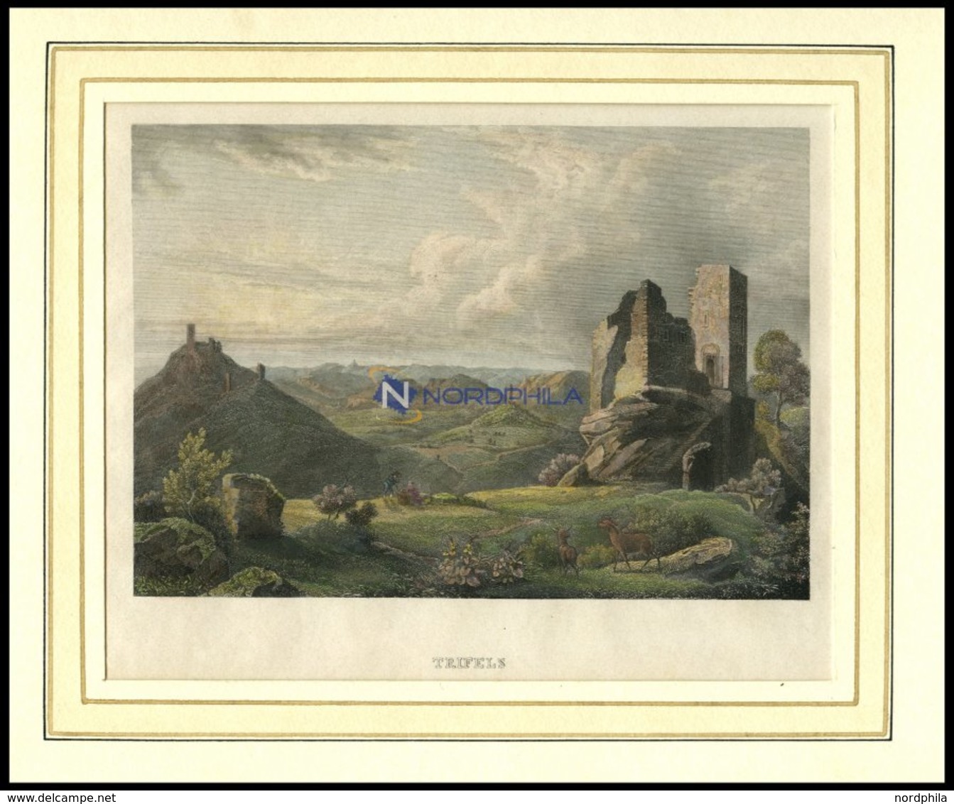 Ruine TRIFELS Bei Annweiler, Kolorierter Stahlstich Von B.I. Um 1840 - Litografía