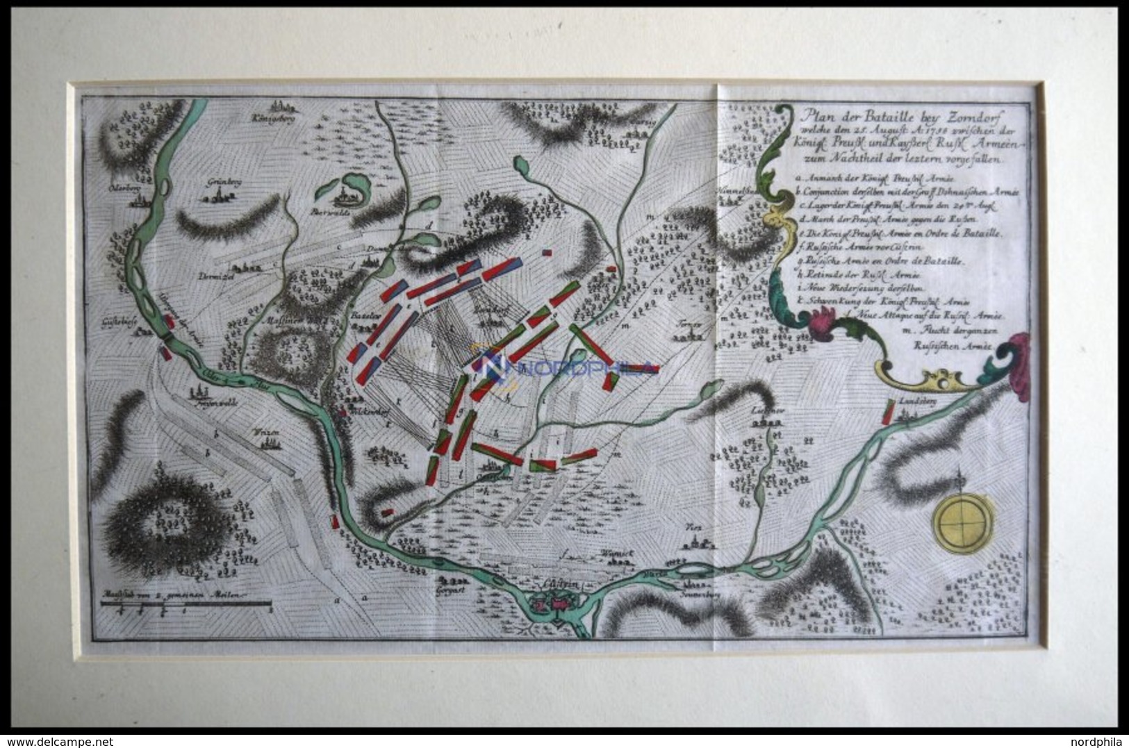 ZORNDORF, Schlacht Vom 25.8.1758 Mit Umgebung, Altkolorierter Kupferstich Von Ben Jochai Bei Raspische Buchhandlung 1760 - Lithographien