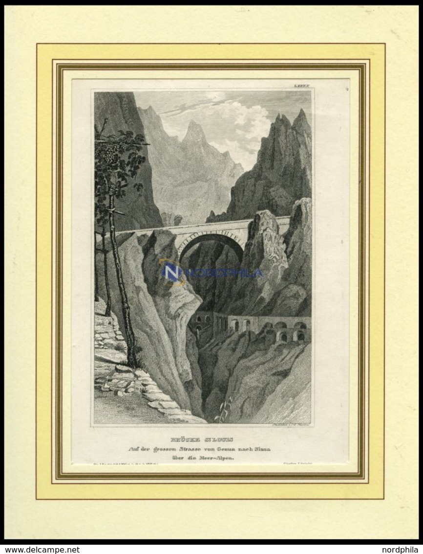 BRÜCKE ST. LOUIS Auf Der Großen Straße Von Genua Nach Nizza über Die Meer-Alpen, Stahlstich Von B.I. Um 1840 - Lithographies