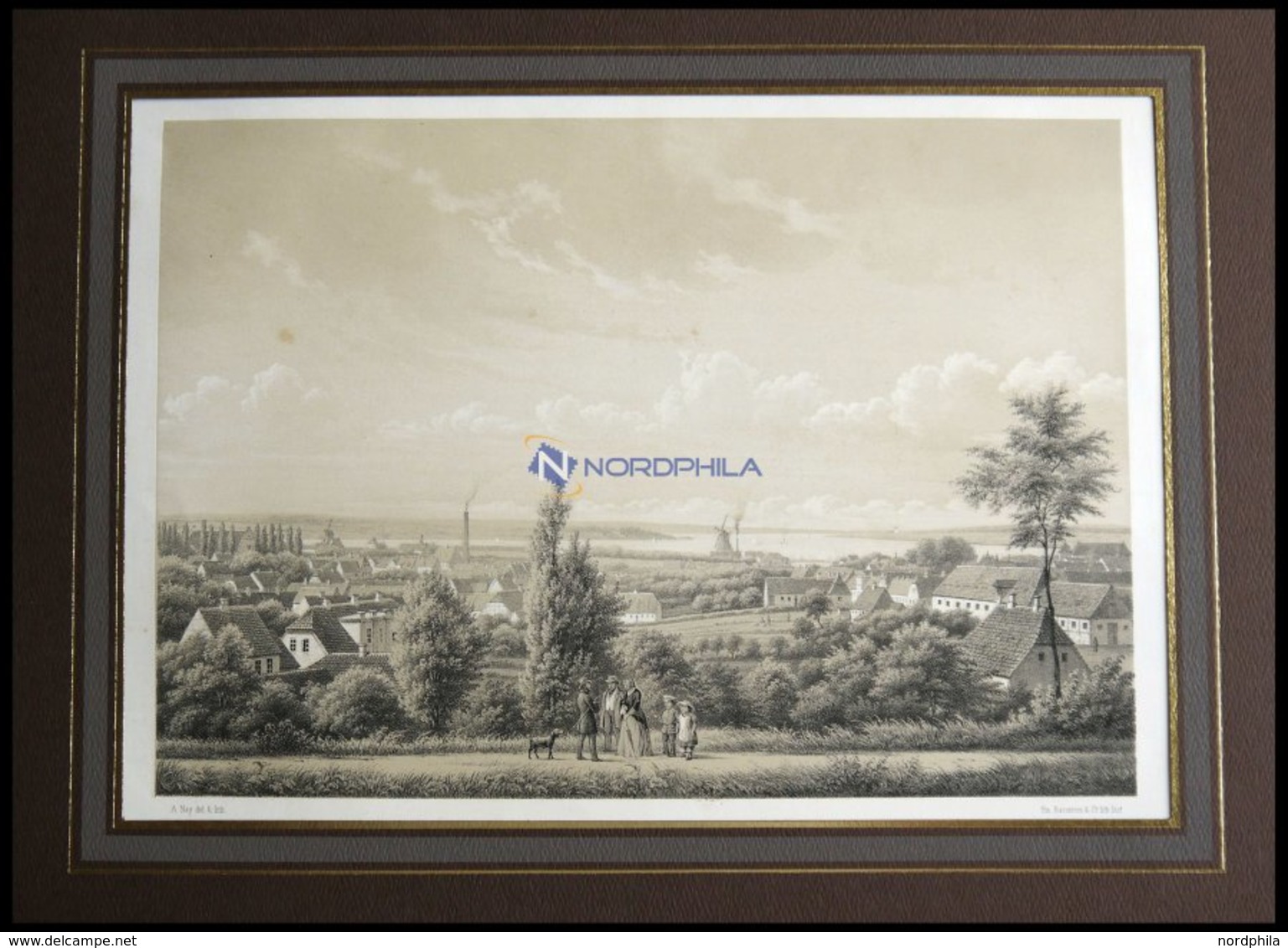 FREDERICIA (Fredericia), Ansicht Mit Mühle Und Kleiner Belt Im Hintergrund, Lithographie Mit Tonplatte Von Alexander Nay - Litografía