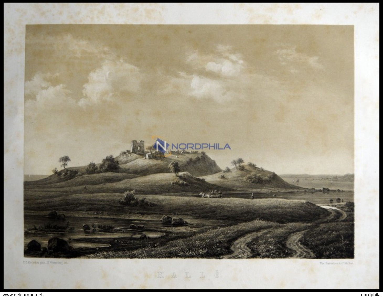 KALLÖ (Kallö), Landschaft Mit Burgruine, Lithographie Mit Tonplatte Von E. Westerberg Nach F.C. Kierschou Bei Emil Baere - Litografía