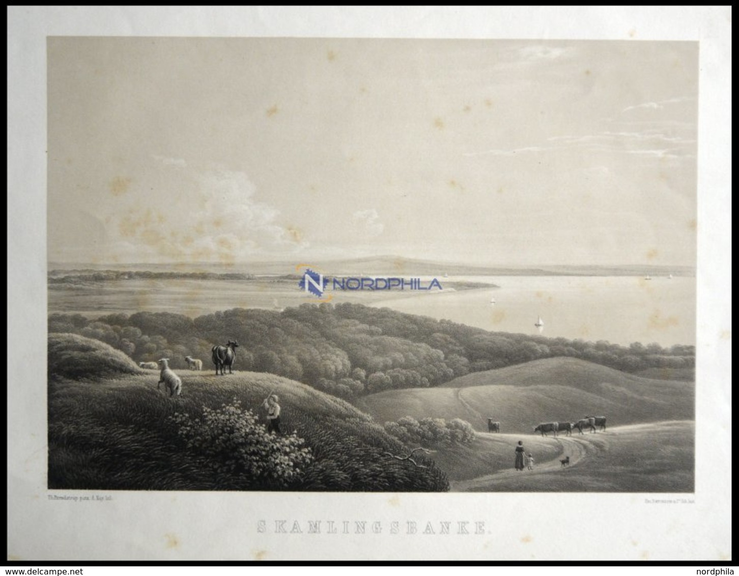 SKAMLINGSBANKE (Skamlingsbanke), Landschaft Mit Fluß Und Kleiner Tierherde Im Vordergrund, Lithographie Mit Tonplatte Vo - Lithographies