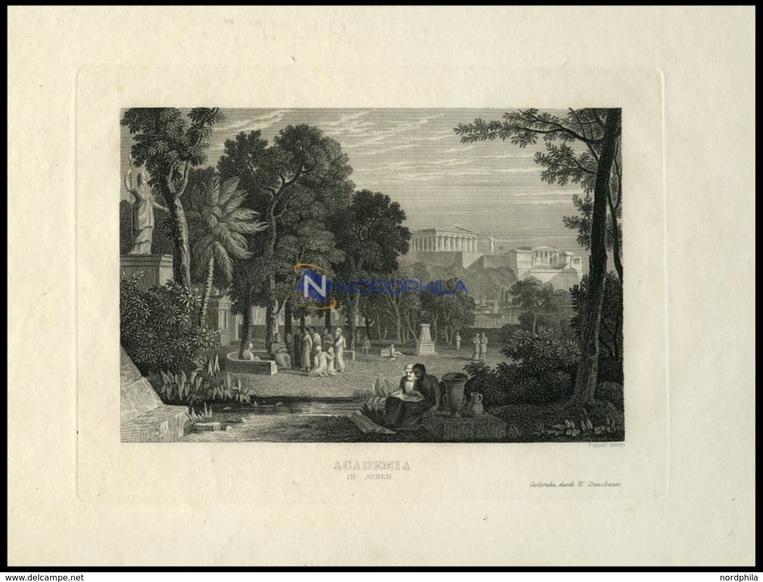 ATHEN: Die Akademie, Stahlstich Von Poppel Um 1840 - Litografía