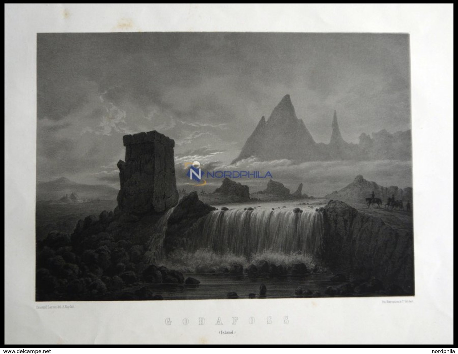GODAFOSS (Godafoss), Wasserfall Bei Mondschein, Lithographie Mit Tonplatte Von Alexander Nay Nach Emanuel Larsen Bei Emi - Litografia