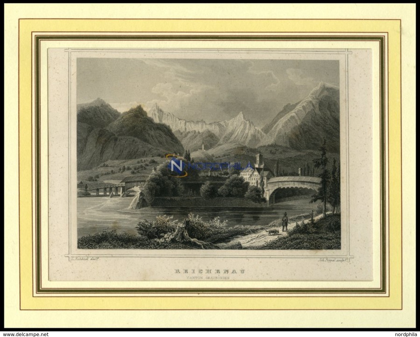 REICHENAU/GRAUBÜNDEN, Teilansicht, Stahlstich Von Rohbock/Poppel Um 1840 - Litografía