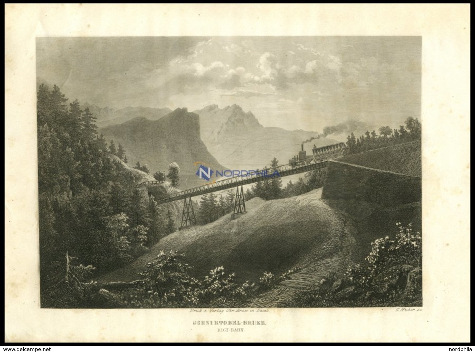 SCHNURTOBEL-BRUKE: Die Rigi-Bahn, Stahlstich Von Huber Um 1840 - Lithographien