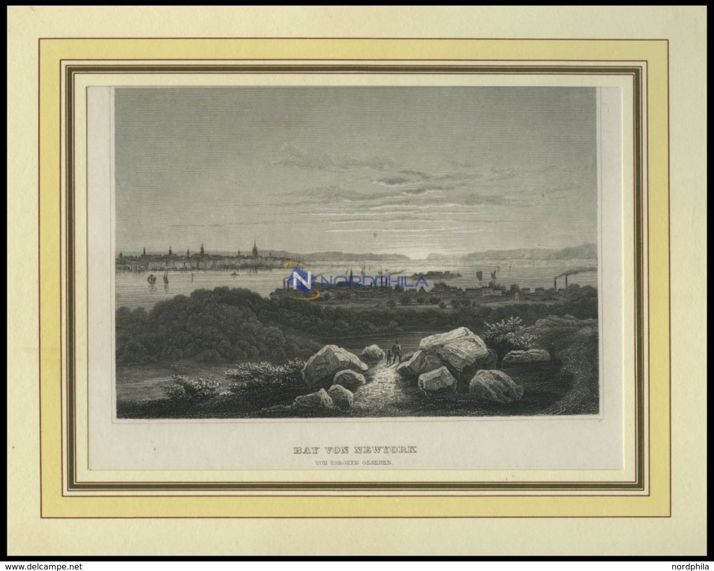 USA: New York, Der Bay Von New York Von Hoboken Ausgesehen, Stahlstich Von B.I. Um 1840 - Litografía