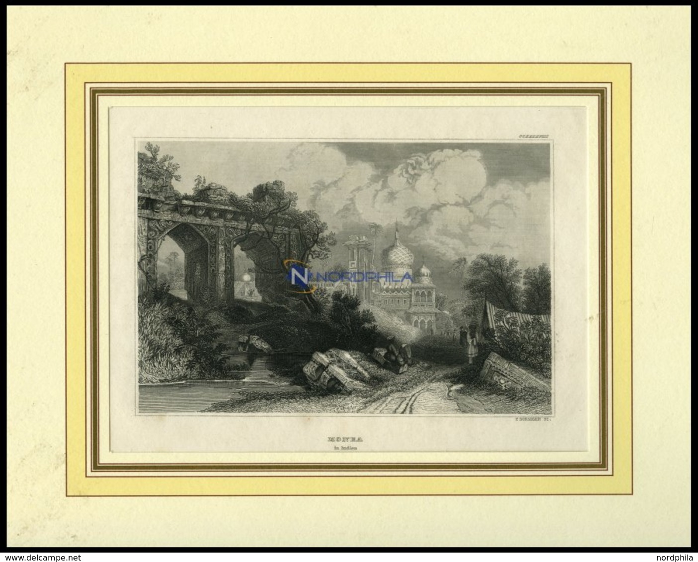 INDIEN: Monea, Gesamtansicht, Stahlstich Von B.I. Um 1840 - Lithographies