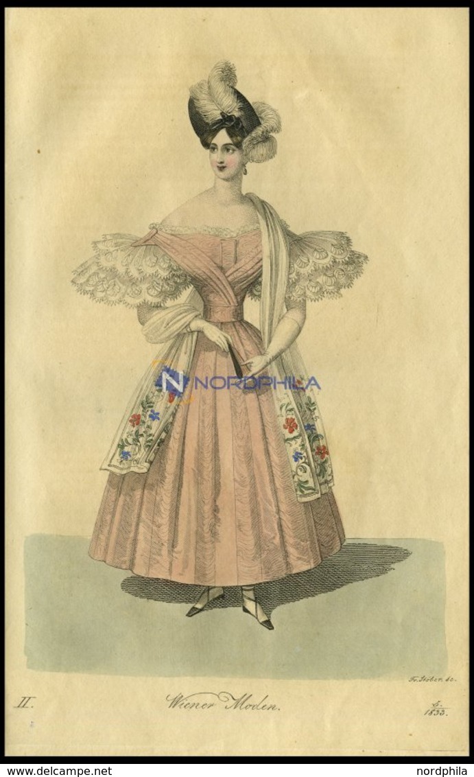 Wiener-Moden - Kleid Von Papeurfärbigem, Faconnirt-und Gestreiften Gros-de-Naples Mit Einem Schalleibchen, Dazu Ein Mit  - Lithographien