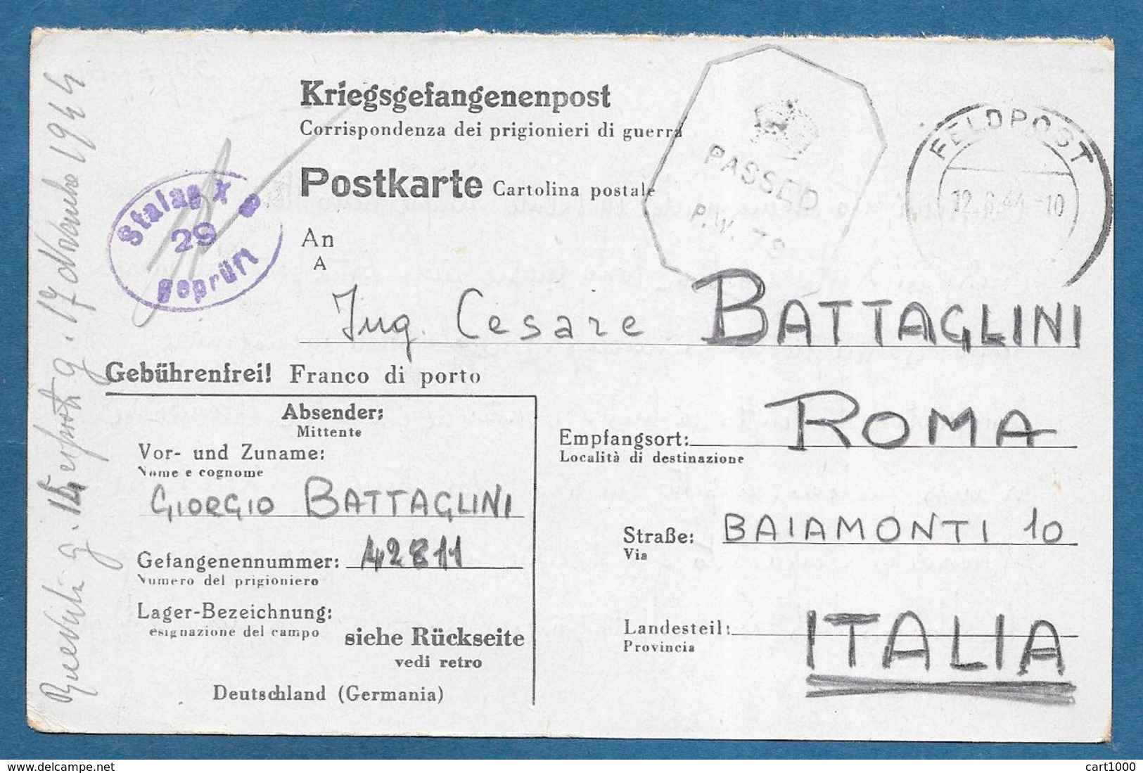 CARD 1944 PRIGIONIERI DI GUERRA KRIEGSGEFANGENENPOST LAGER X B PASSED P.W. 78 FELDPOST PRISONNER OF WAR - Dokumente