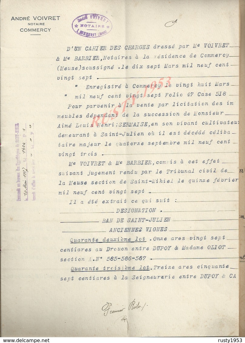 COMMERCY SAINT JULIEN 1927 ACTE VENTE DE TERRES SERMAISE À GAUDRON 8 PAGES : - Manuscripts