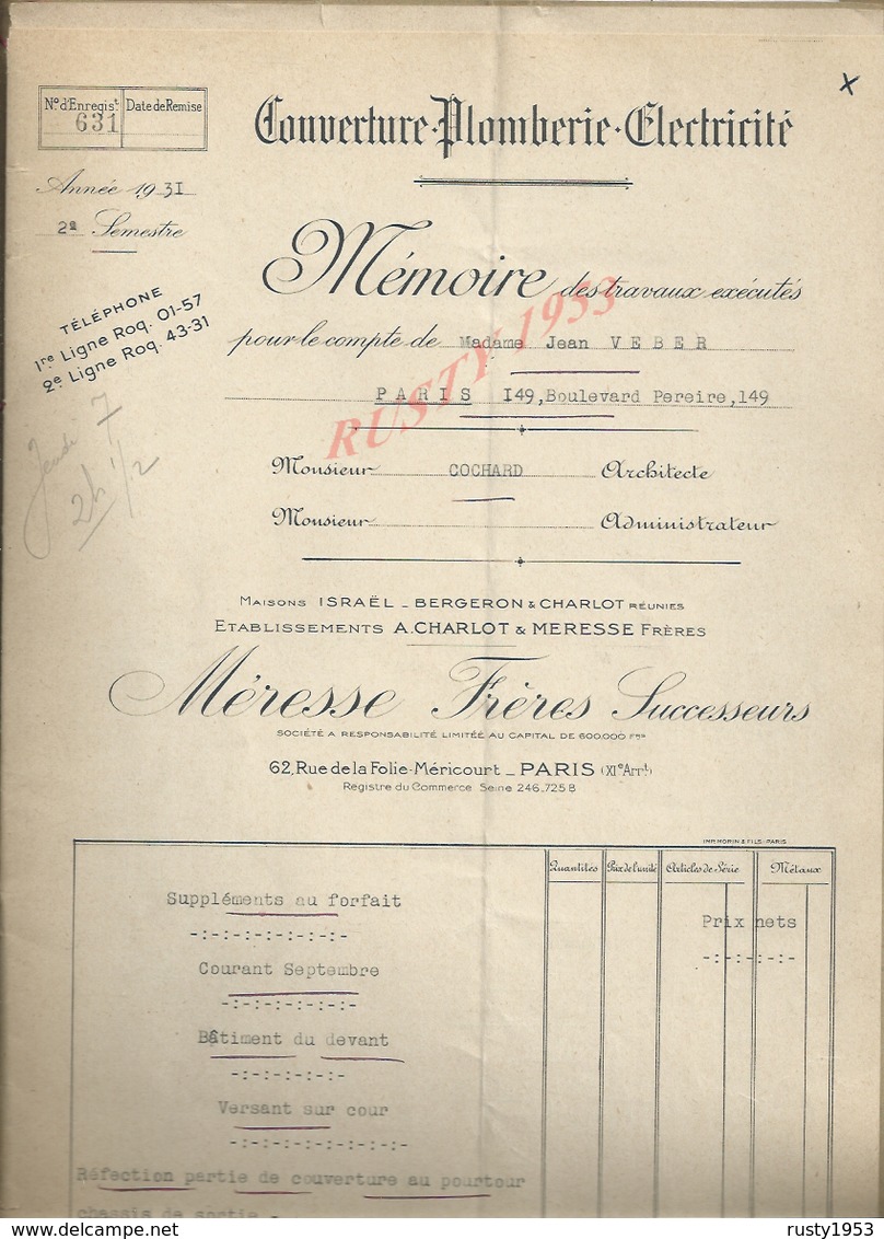 PARIS 1931 MEMOIRE DE TRAVEAUX EXECUTES PROPRIETE DE Md VEBER JEAN RUE PEREIRE N°149 COCHARD ARCHITECTE 8 PAGES : - Manuscripts