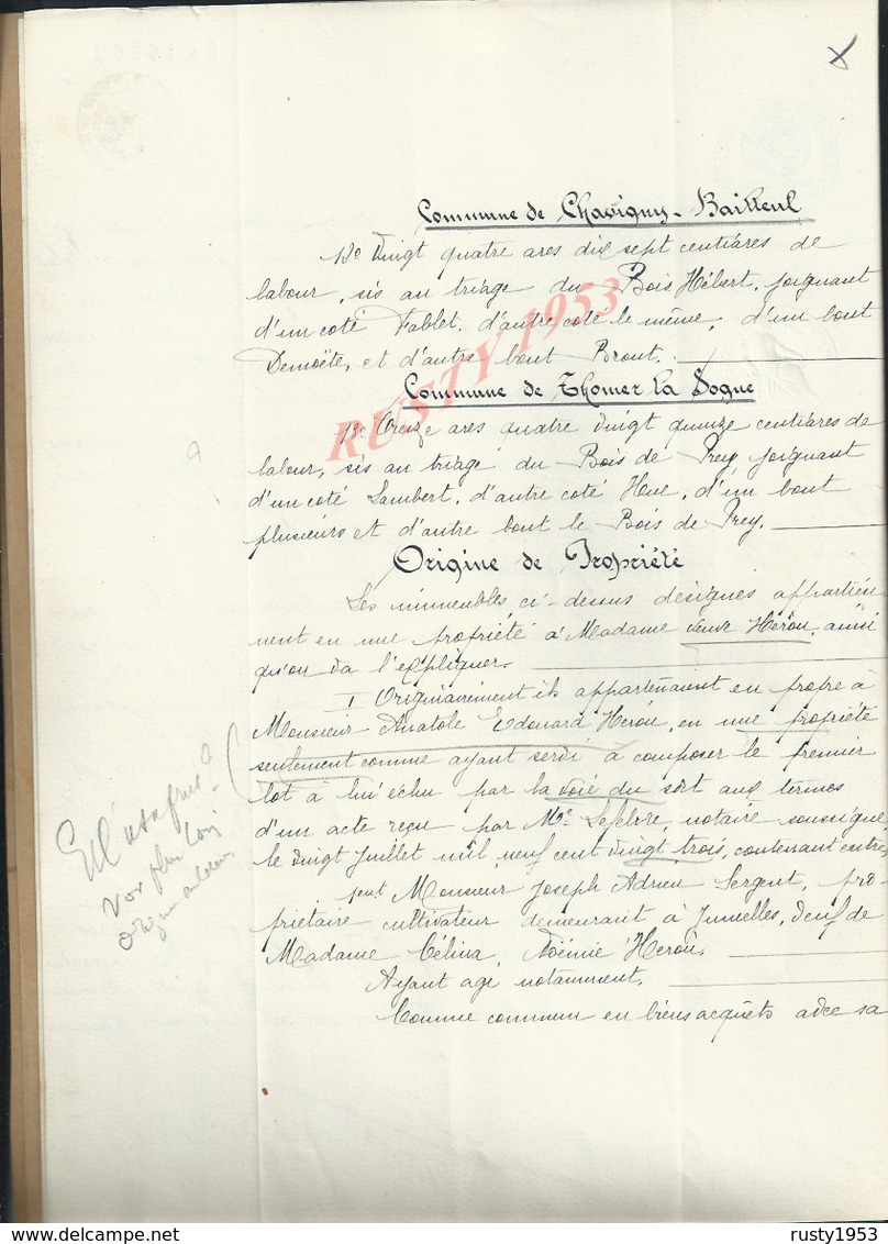 JUMELLES GROSSOEUVRE CHAVIGNY BAILLEUL THOMER LA SOGNE 1933 ACTE VENTE DE TERRES HEROY 24 PAGES : - Manuscripts