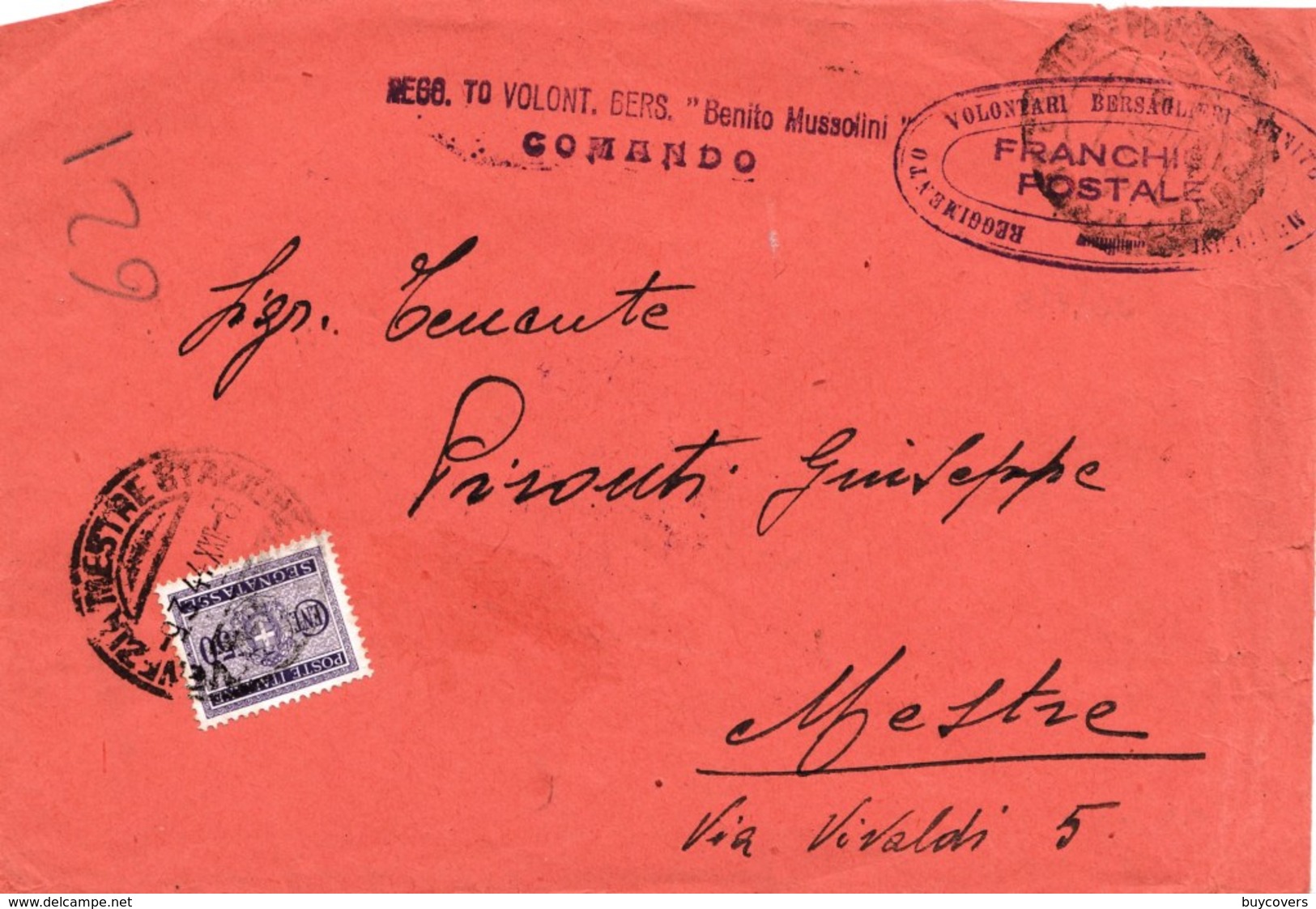 R124- Busta Del 1944 Da Verona (sede Comando Regg.to Volont. Bers. "Benito Mussolini" A Mestre -in "Franchigia Postale" - Storia Postale