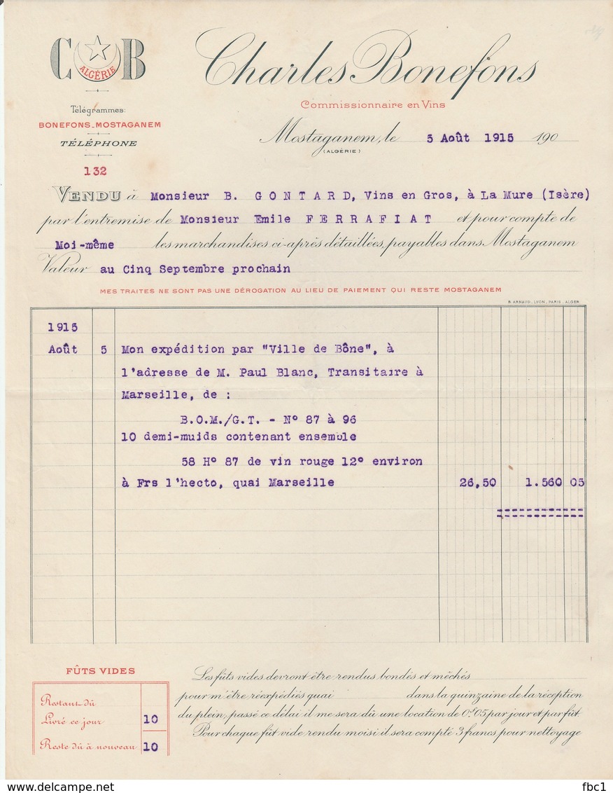 Algérie - Mostaganem - Charles Bonefons - Commissionaire En Vins - Alcool - 1915 - Autres & Non Classés