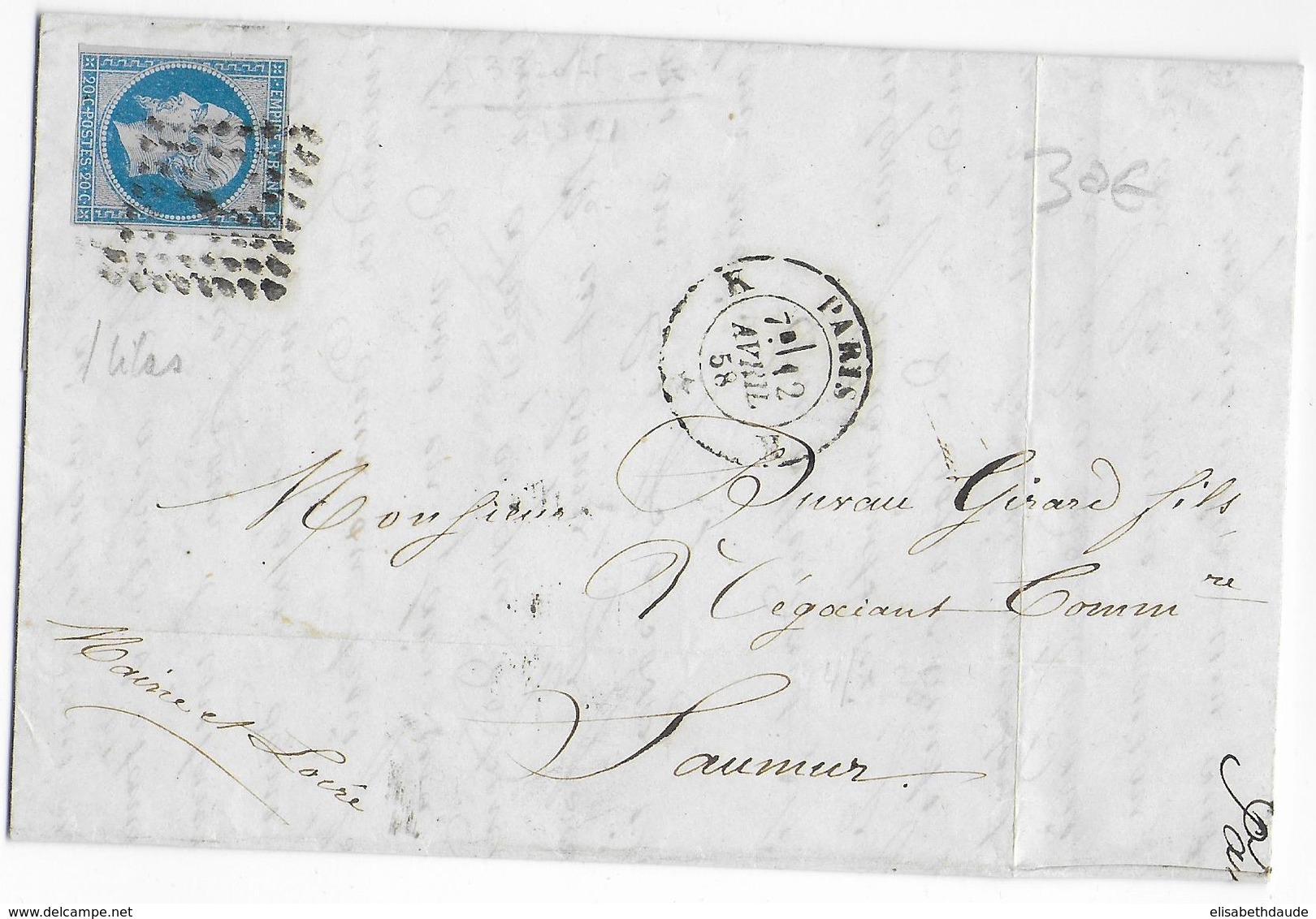 1858 - BLEU / LILAS - LETTRE De PARIS "K" => SAUMUR - 1853-1860 Napoleon III