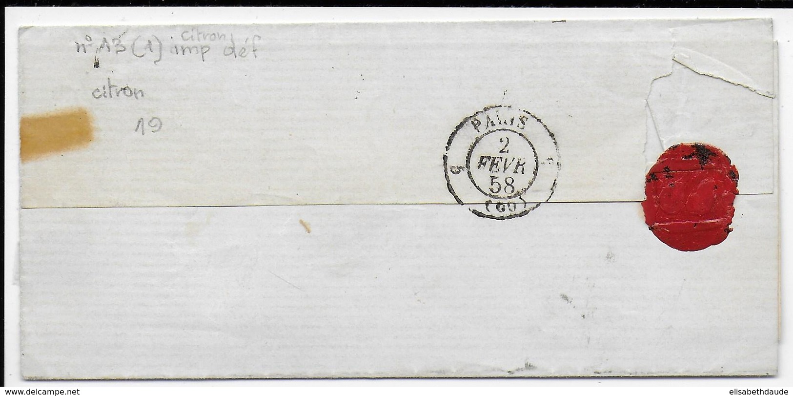 1858 - CITRON - LETTRE De PARIS => PARIS - 1853-1860 Napoléon III