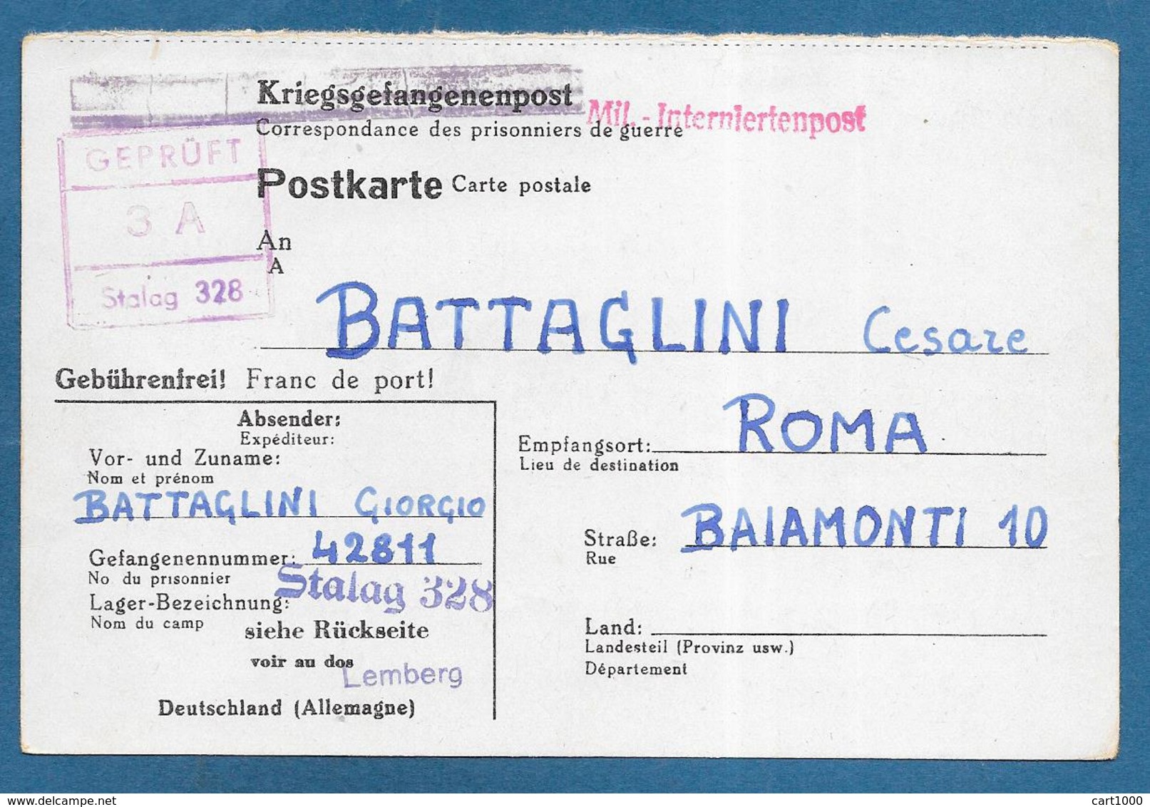 CARD 1943 PRIGIONIERI DI GUERRA INTERNIERTENPOST STALAG 328 LEMBERG PRISONNER OF WAR - Documenti