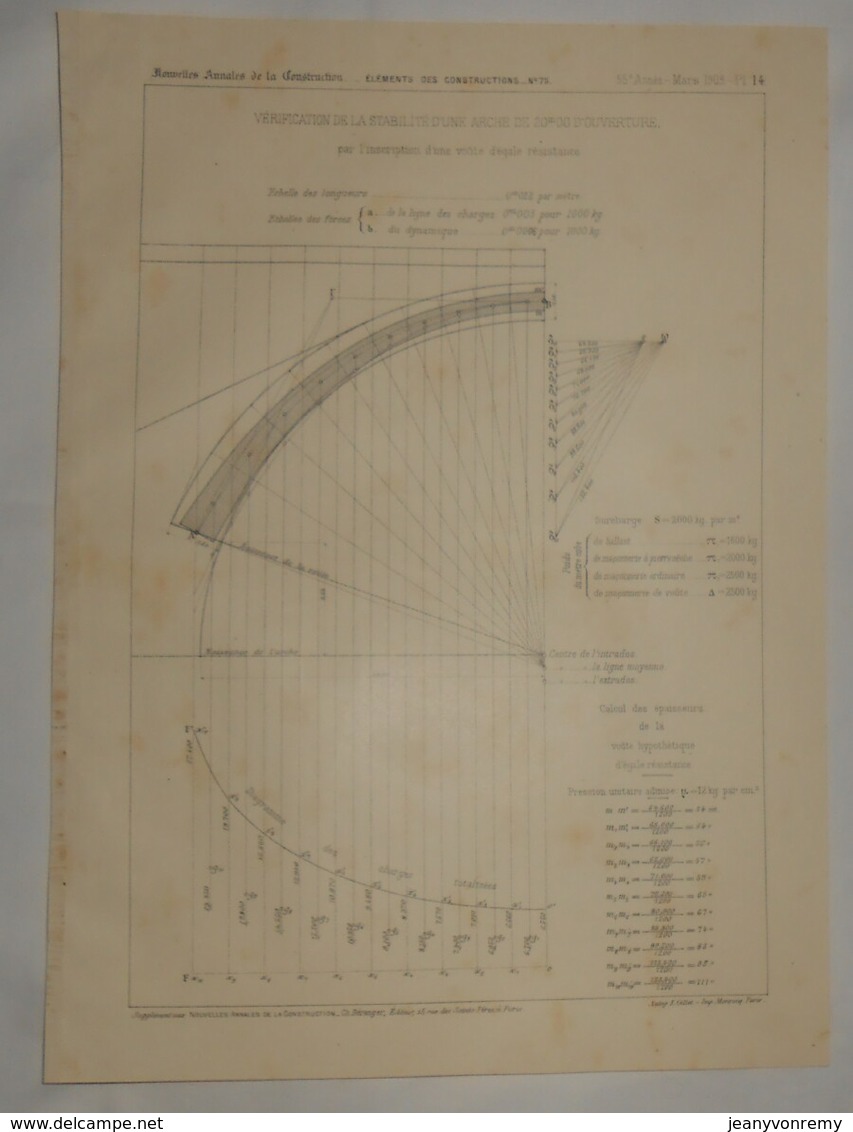 Plan De Vérification De La Stabilité D'une Arche De 20 Mètres D'ouverture. 1909 - Travaux Publics