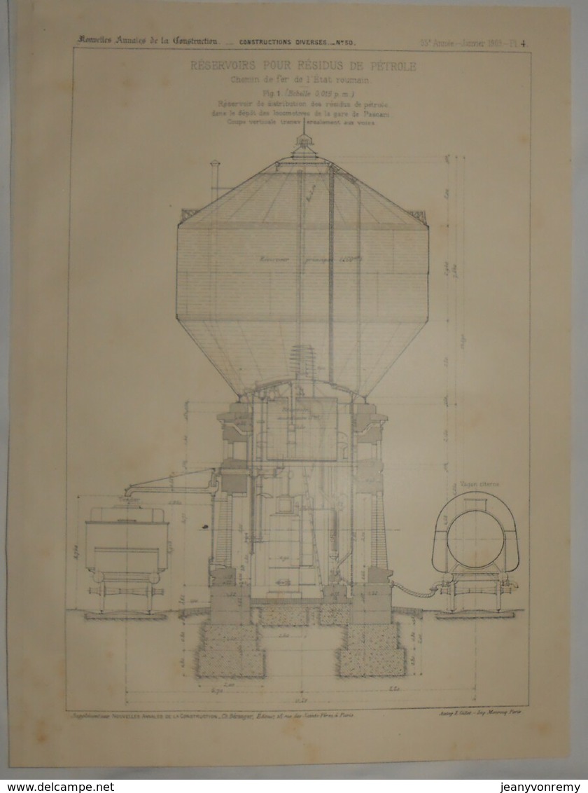 Plan De Réservoirs Pour Résidus De Pétrole. Chemin De Fer De L'Etat Roumain. 1909 - Travaux Publics