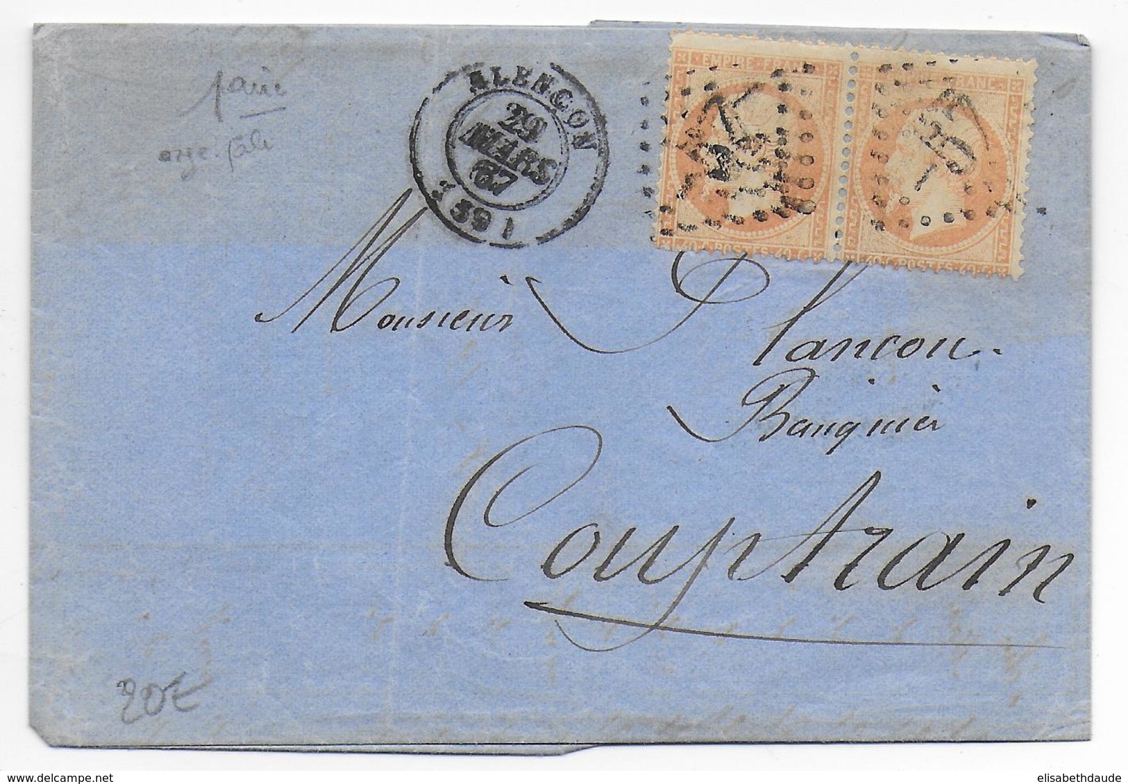 1867 - PAIRE 40c Sur LETTRE De ALENCON (ORNE) => COUPTRAIN - 1849-1876: Période Classique
