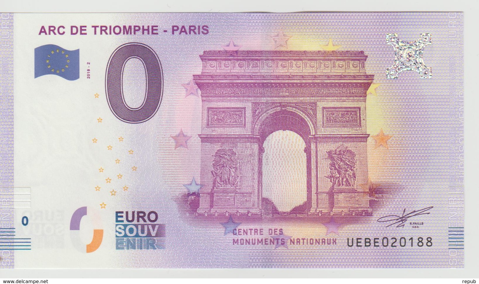 Billet Touristique 0 Euro Souvenir France 75 Arc De Triomphe - Paris 2018-2 N°UEBE020188 - Essais Privés / Non-officiels
