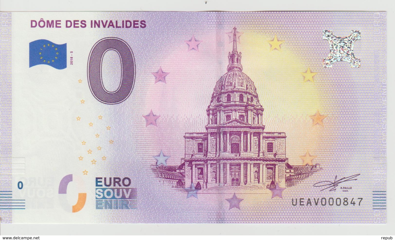 Billet Touristique 0 Euro Souvenir France 75 Dôme Des Invalides 2018-5 N°UEAV000847 - Prove Private