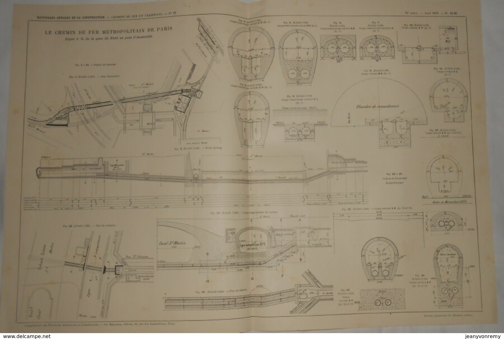 Plan Du Chemin De Fer Métropolitain De Paris. Ligne N°5. De La Gare Du Nord Au Pont D'Austerlitz. 1909 - Obras Públicas