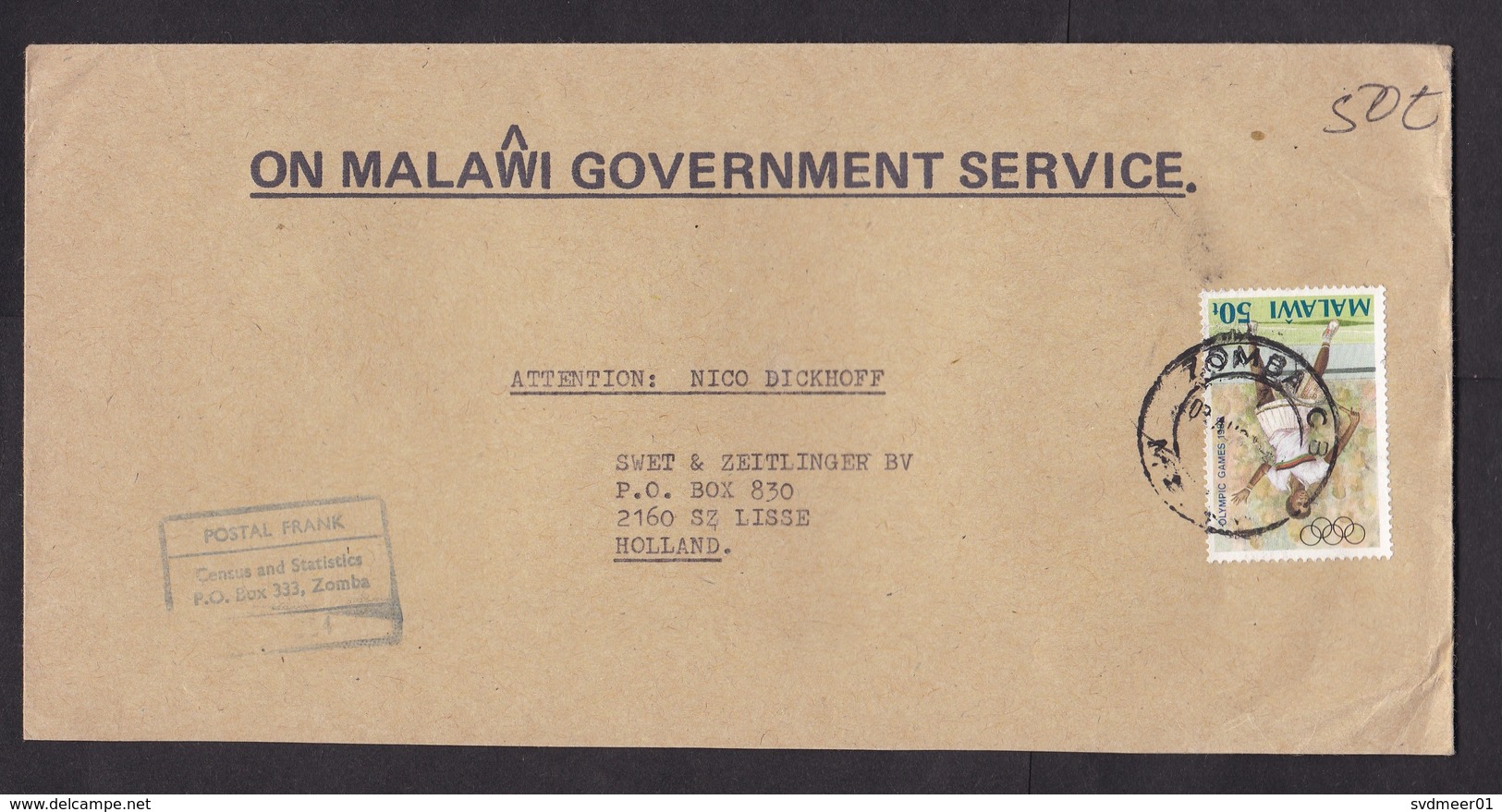 Malawi: Official Cover Zomba To Netherlands, 1988, 1 Stamp, Olympics, Female Tennis, Rare Real Use (traces Of Use) - Malawi (1964-...)