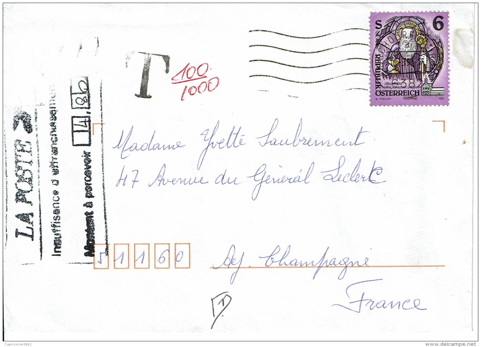 1996 - Lettre D'Autriche Pour Avenay-Val-d'Or - Taxée 4,80fr Pour Insuffisance D'affranch. (légère Tache à Droite Timbre - Taxe