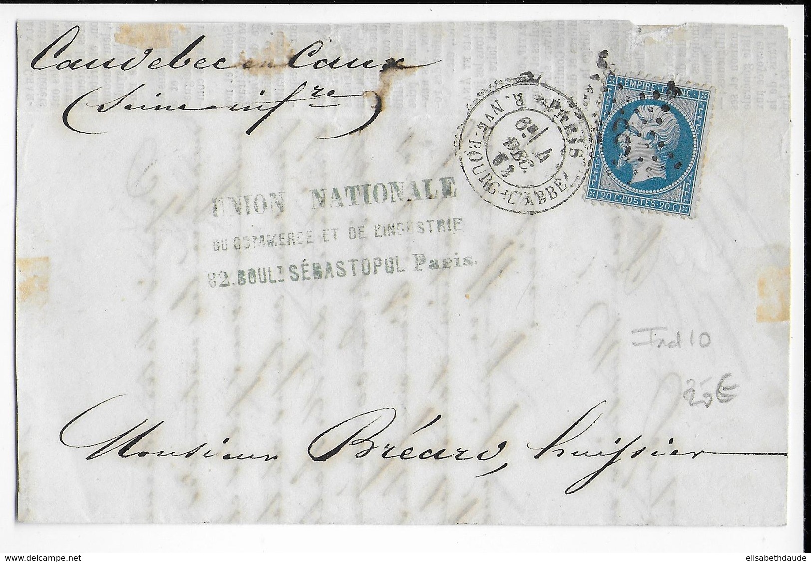 1863 - PARIS - LETTRE De RUE NEUVE BOURG L'ABBE Avec ETOILE 16 - IND 10 - 1849-1876: Période Classique