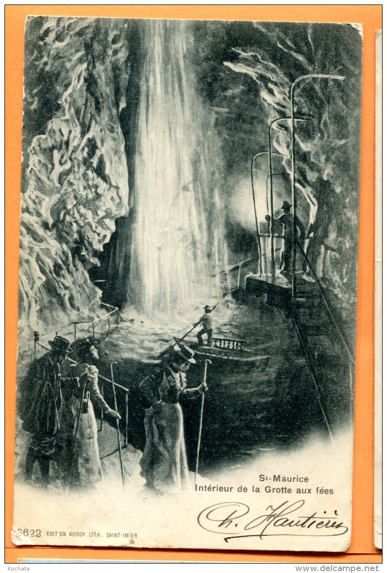 E092, St- Maurice, Intérieur De La Grotte Aux Fées, Animée, 3622, édit. Burgy, Précurseur, Circulée 1904 - Saint-Maurice