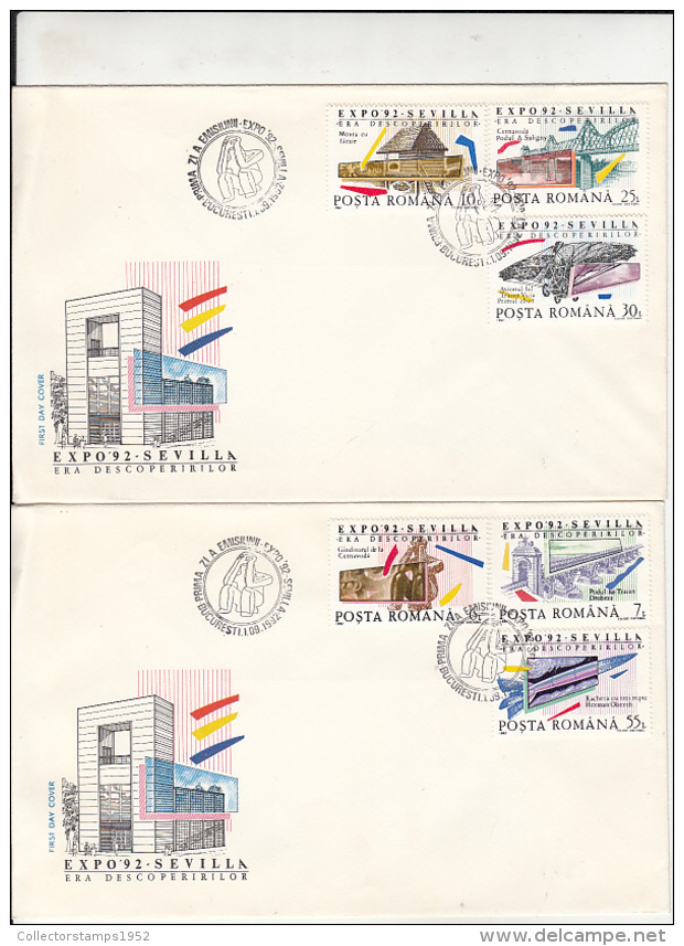 D7598- SEVILLA'92 UNIVERSAL EXHIBITION, MILL, BRIDGE, PLANE, ROCKET, COVER FDC, 2X, 1992, ROMANIA - 1992 – Sevilla (España)