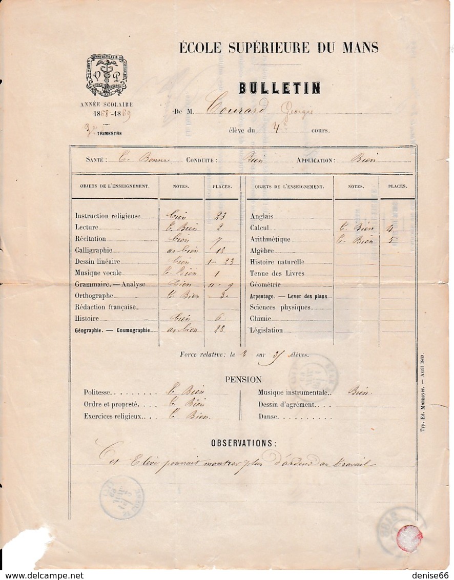 Année Scolaire 1868/69 - ECOLE SUPÉRIEURE Du MANS - Bulletin Du 3°trimestre - Documents Historiques