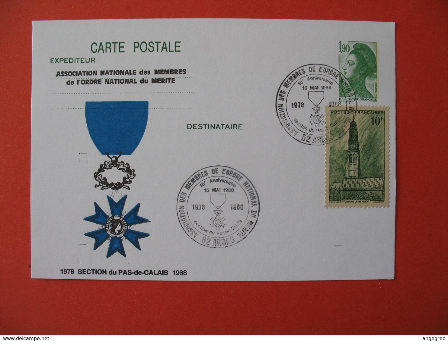 Carte Association Nationale Des Membres De L'ordre National Du Mérite D'Arras Avec Affranchissement  Beffroi D'Arras - Lettres & Documents