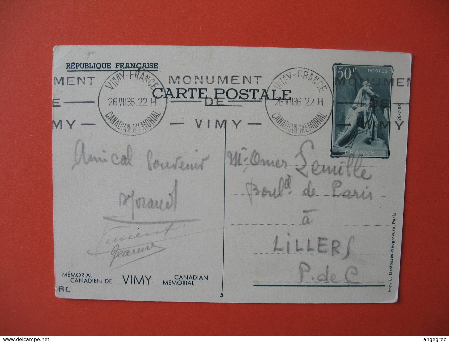 Carte Entier Postal Canadian Mémorial Avec Cachet Monument De Vimy - Vimy-France  1936 - Monuments