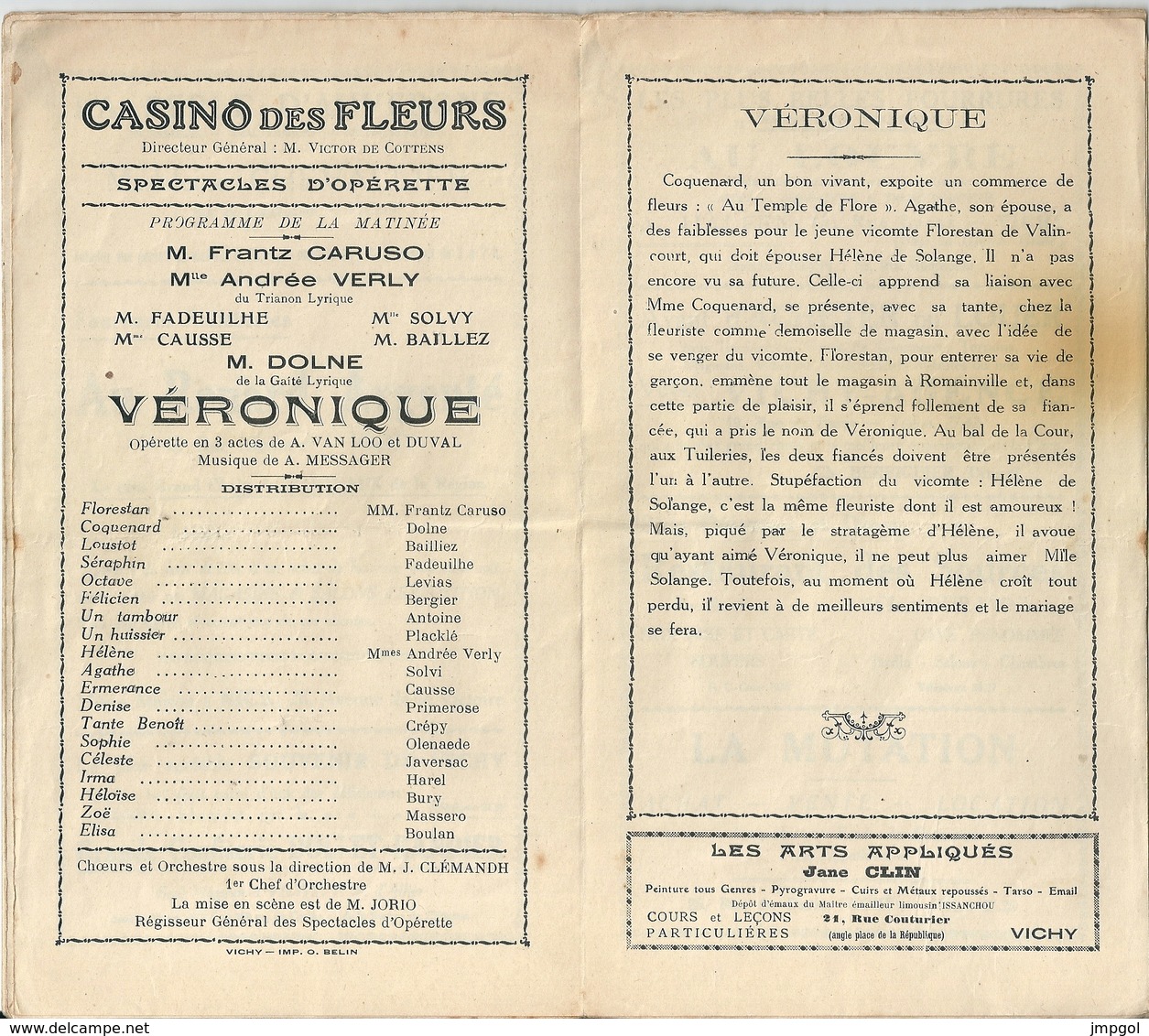 Programme Casino Des Fleurs Vichy Années 20 "Véronique" André Messager Frantz Caruso Andrée Verly - Programs