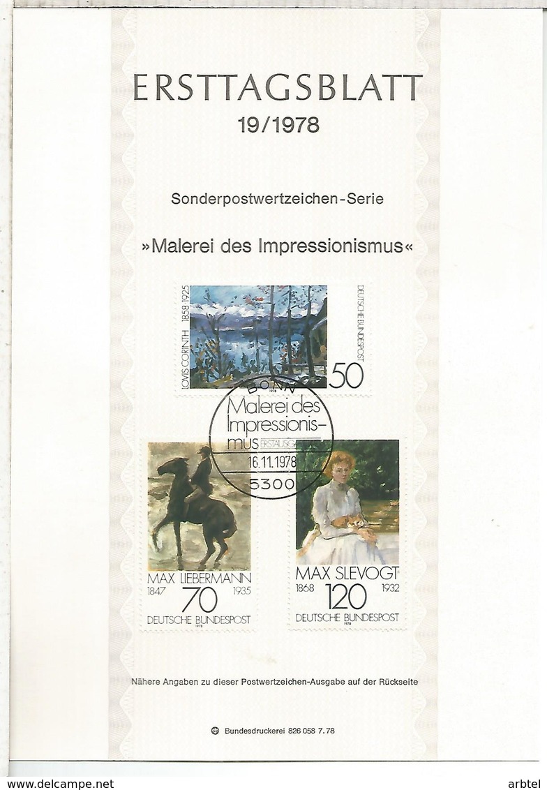 ALEMANIA DOCUMENTO CON SELLO Y MAT PRIMER DIA ARTE PINTURA IMPRESIONISTA - Impresionismo