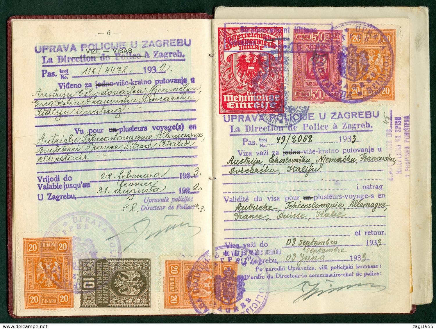 Yugoslavia Kingdom 1932 passeport Tomljenovic tax visa Austria Czechia France Switzerland Hungary Germany Italy