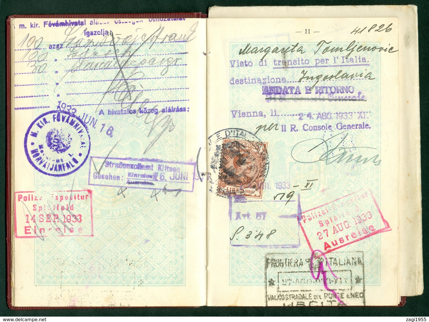 Yugoslavia Kingdom 1932 passeport Tomljenovic tax visa Austria Czechia France Switzerland Hungary Germany Italy