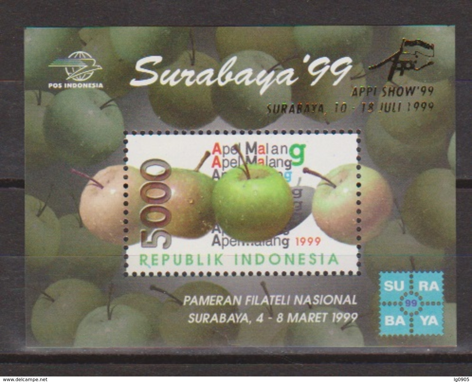 Indonesia Indonesie Blok Sheet Nr.1968 (B161) MNH ; Appel, Apple, Pomme, Apfel, Manzana Stamp Exhibition Surabaya 1999 - Indonesië