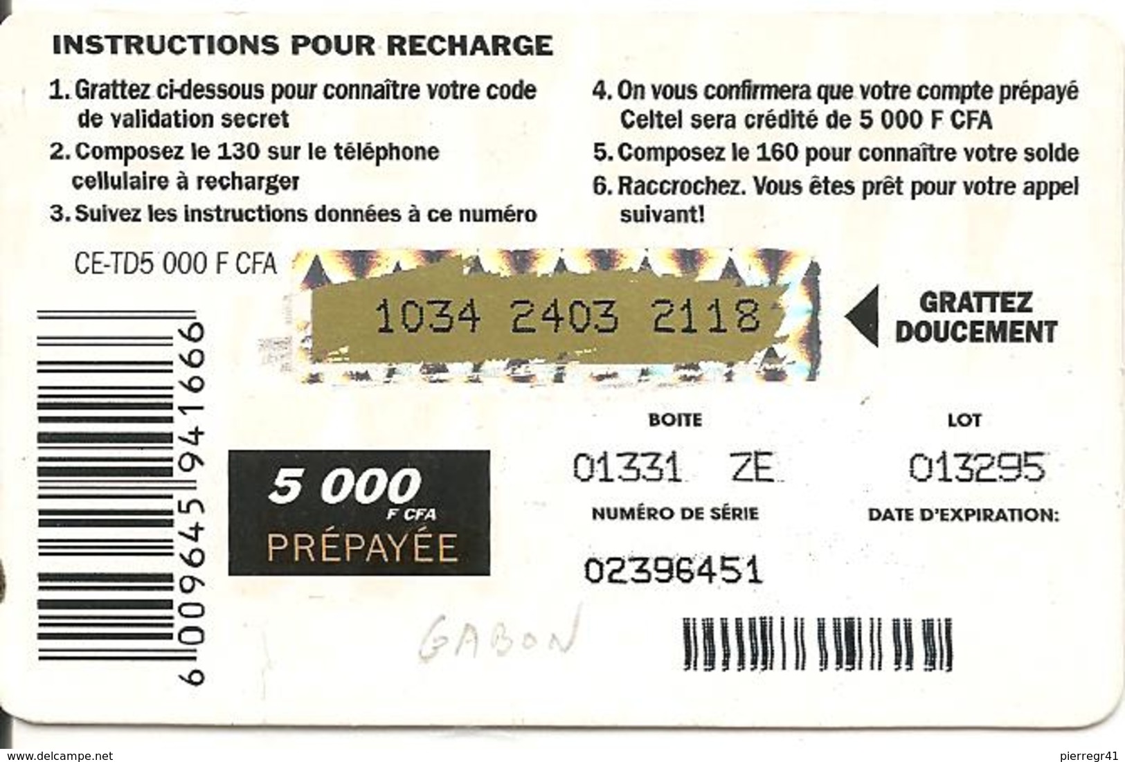 CARTE-PREPAYEE-GSM-GABON-5000F CFA-ENFANT--TBE - Gabon