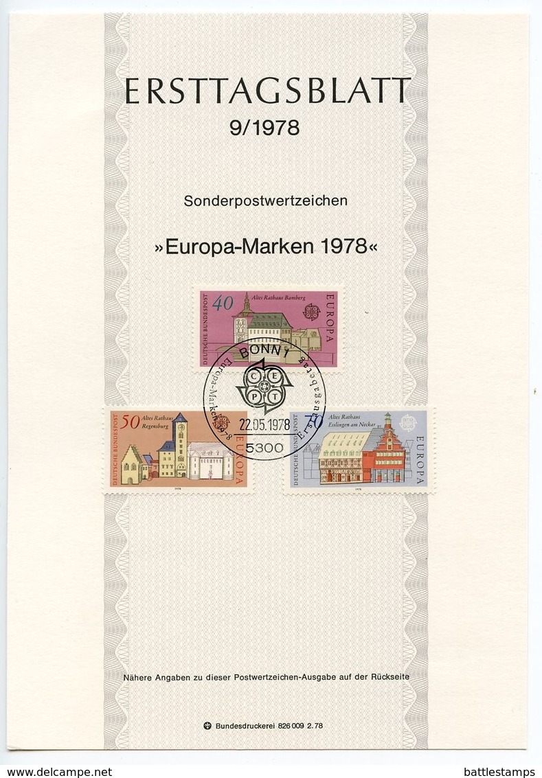 Germany, West 1978 Scott 1270-1272 Ersttagsblatt FDC Europa, Old City Halls - 1974-1980