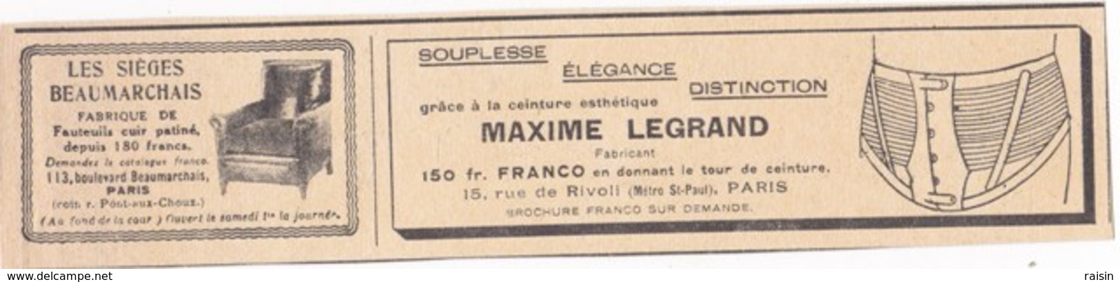 Pub.1931 Maxime Legrand Ceinture Esthétique "souplesse,élégance,distinction"   Beaumarchais Sièges,faut"euils Cuir TBE - Publicités