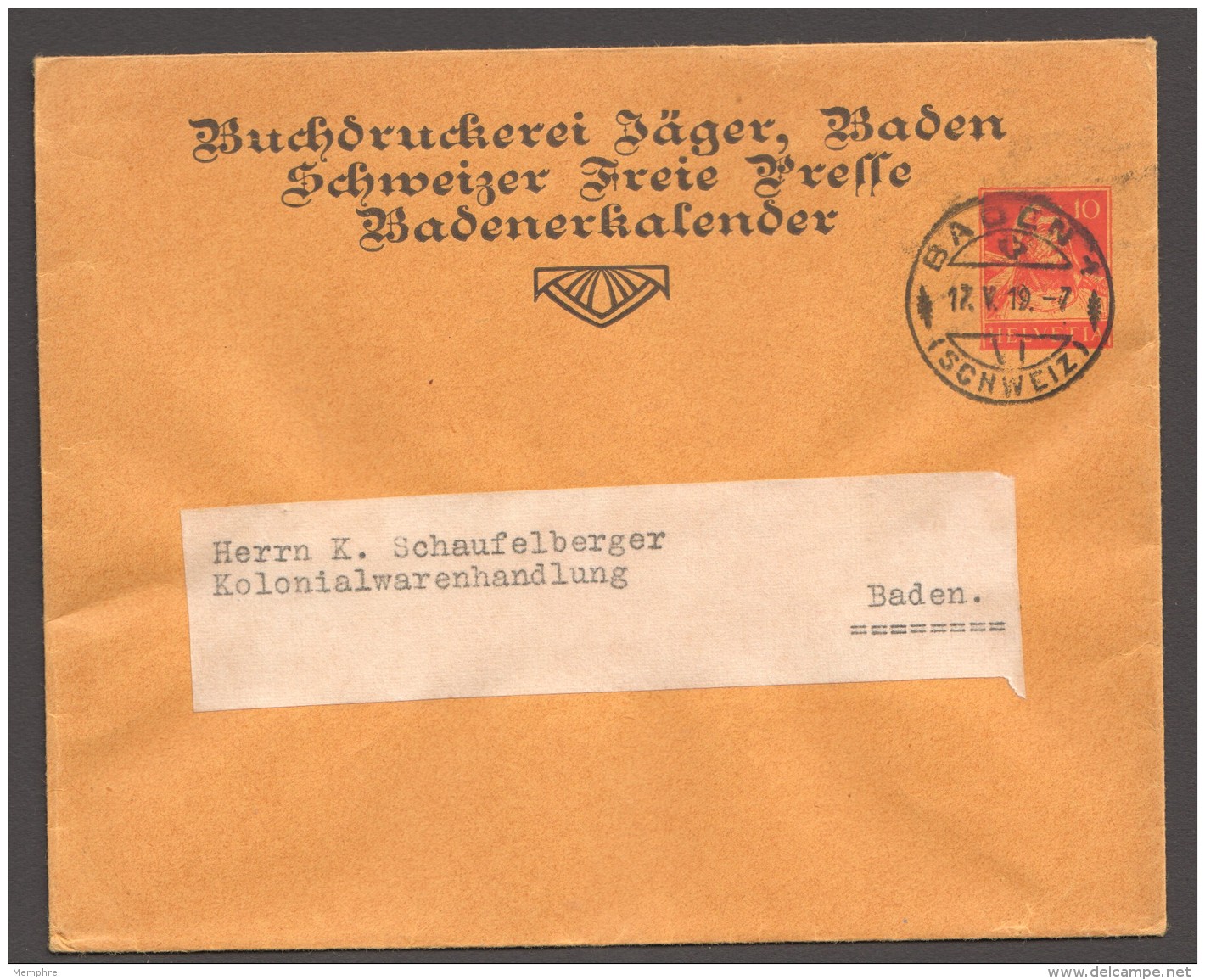 1919 Privat Umschläg  Buchdruckerei Jäger - Baden Nach Baden  Tellbrustbild 19Rp Rot - Stamped Stationery